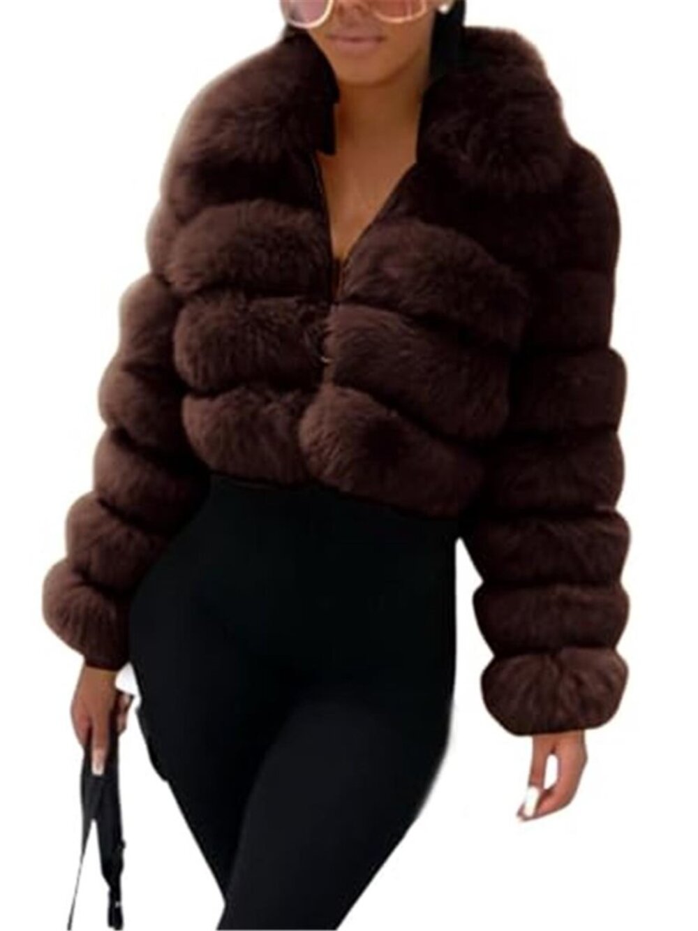 Women's Fluffy Faux Fur Coat Cropped Jacket Puffer Zip Up Fuzzy Teddy Jacket